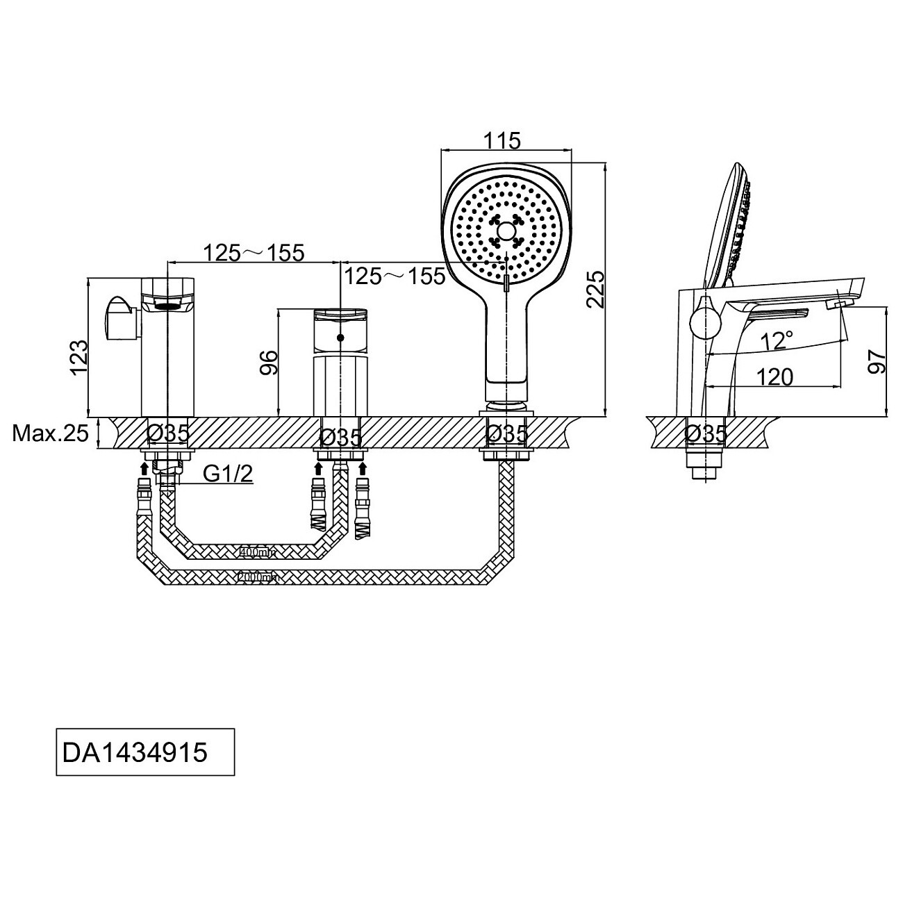 Смеситель для ванны однорычажный с душевым гарнитуром черный D&K Berlin Technische DA1434915 - изображение 2