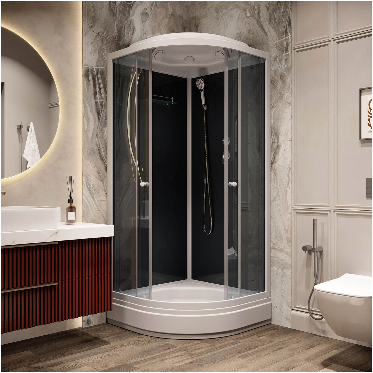 Душевая кабина четверть круга со средним поддоном 85х85 см черная, белая Parly CM86 - изображение 4