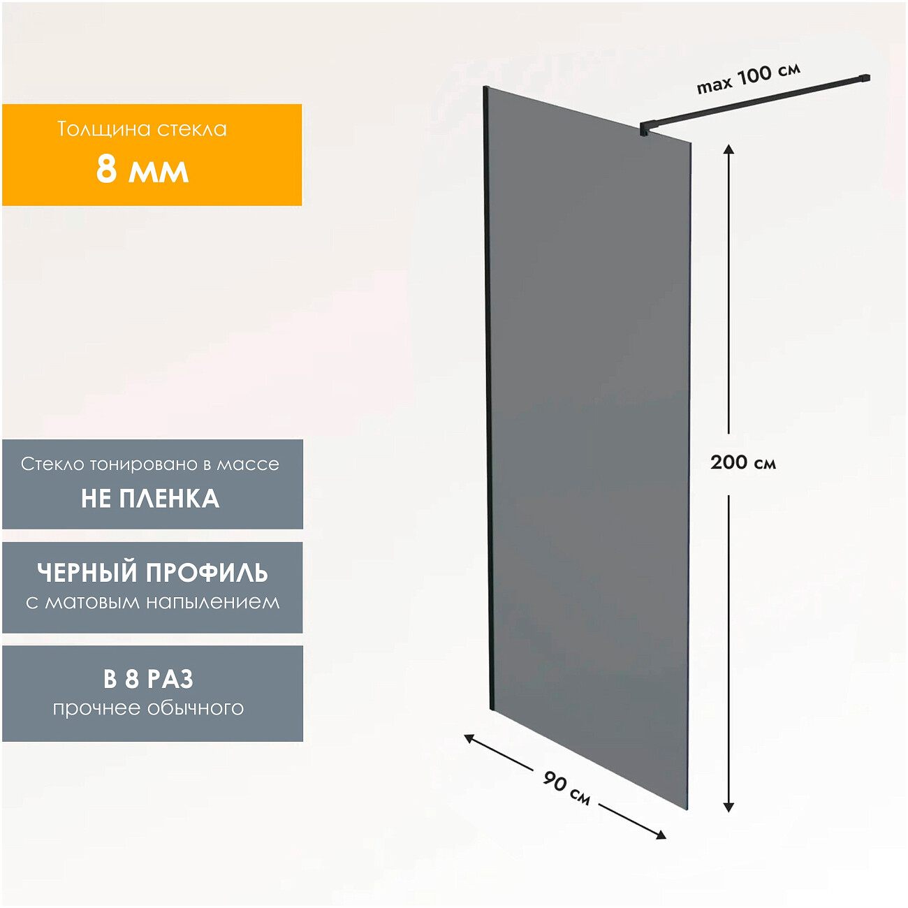 Душевая перегородка стеклянная 90х200 см тонированная, черная Reflection Walk In RX20090TBL-16 - изображение 6