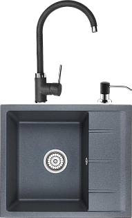Мойка кухонная 36х46 см антрацит Domaci &quot;Солерно&quot; EMQ-1580.Q со смесителем EC-3004 и дозатором 401