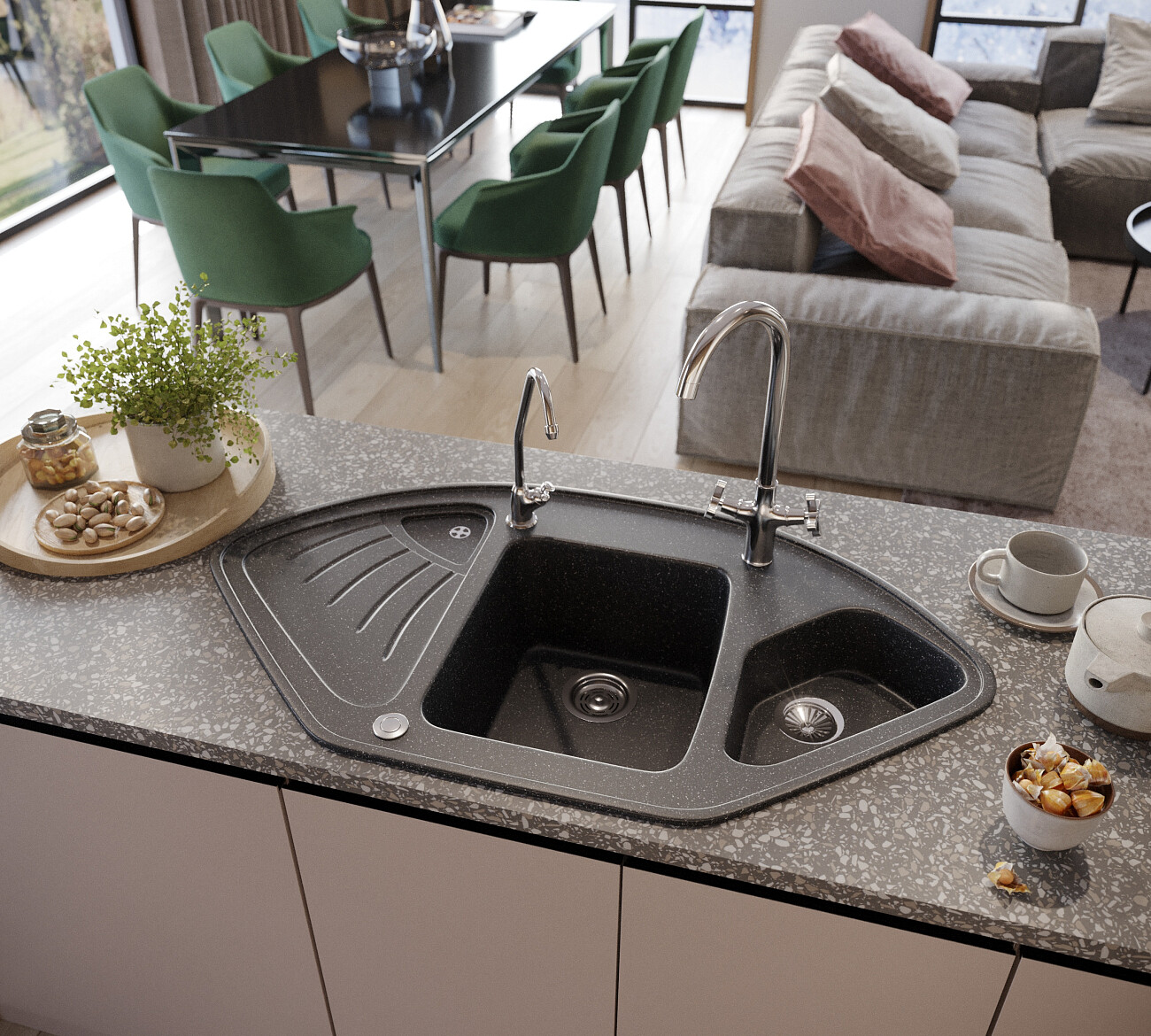 Мойка кухонная многоугольная мраморная черная Domaci "Бьелла" DMC-14K-308 - изображение 3