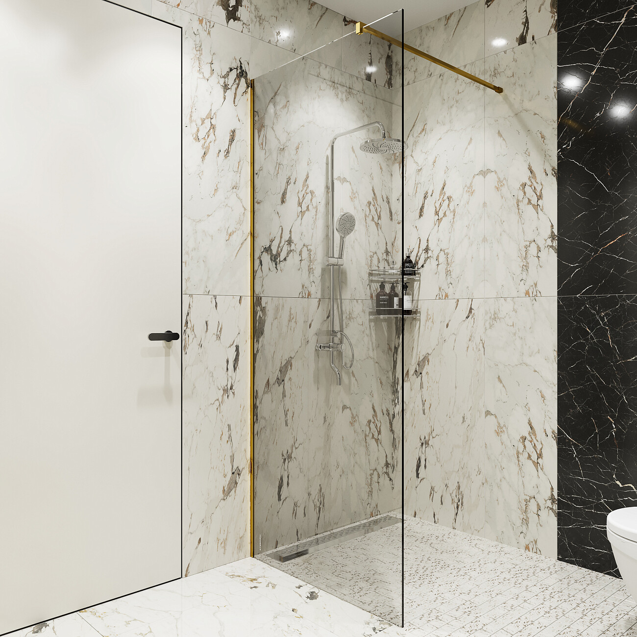 Душевая перегородка стеклянная 90 см прозрачная, золото Stworki "Берген" MV-BE-90-GL - изображение 2