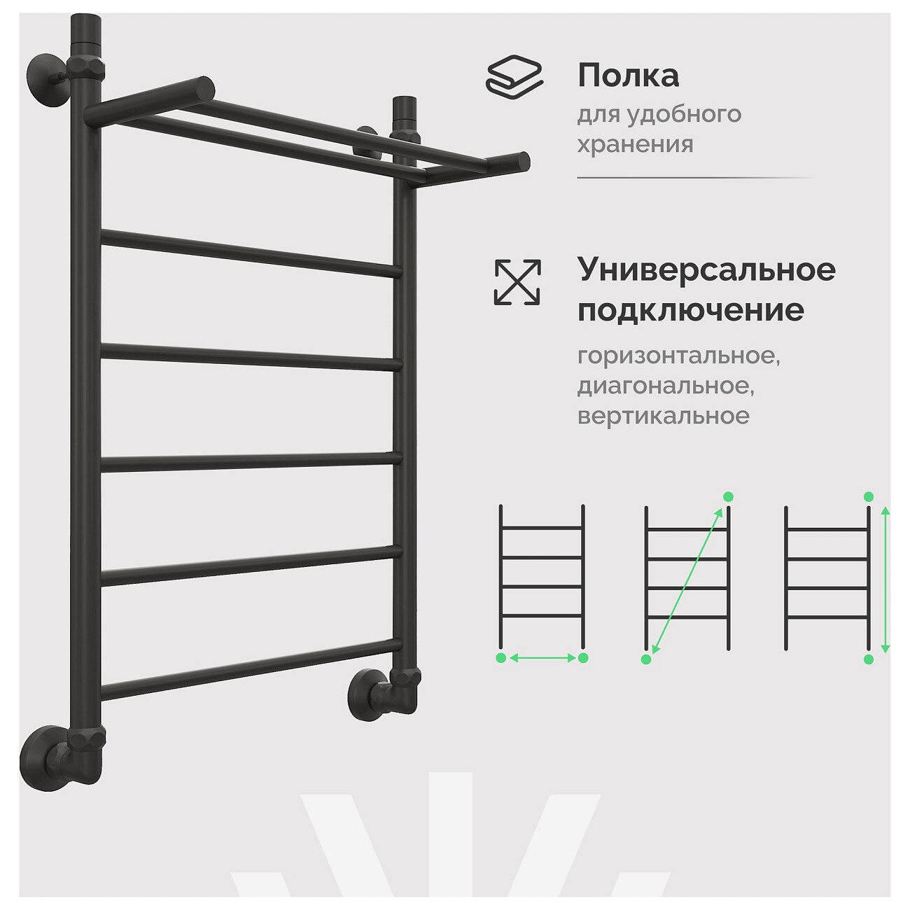 Полотенцесушитель водяной 80х50 см с полкой черный Ewrika "Сафо" FP 4656754410969 - изображение 4