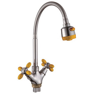 Смеситель для кухни двухвентильный с гибким изливом желтый, хром Ammore A5383-7T