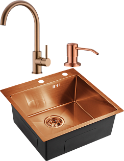 Мойка кухонная медь Domaci &quot;Равенна&quot; PVD EMB-117A со смесителем ECB 3004 и дозатором 401