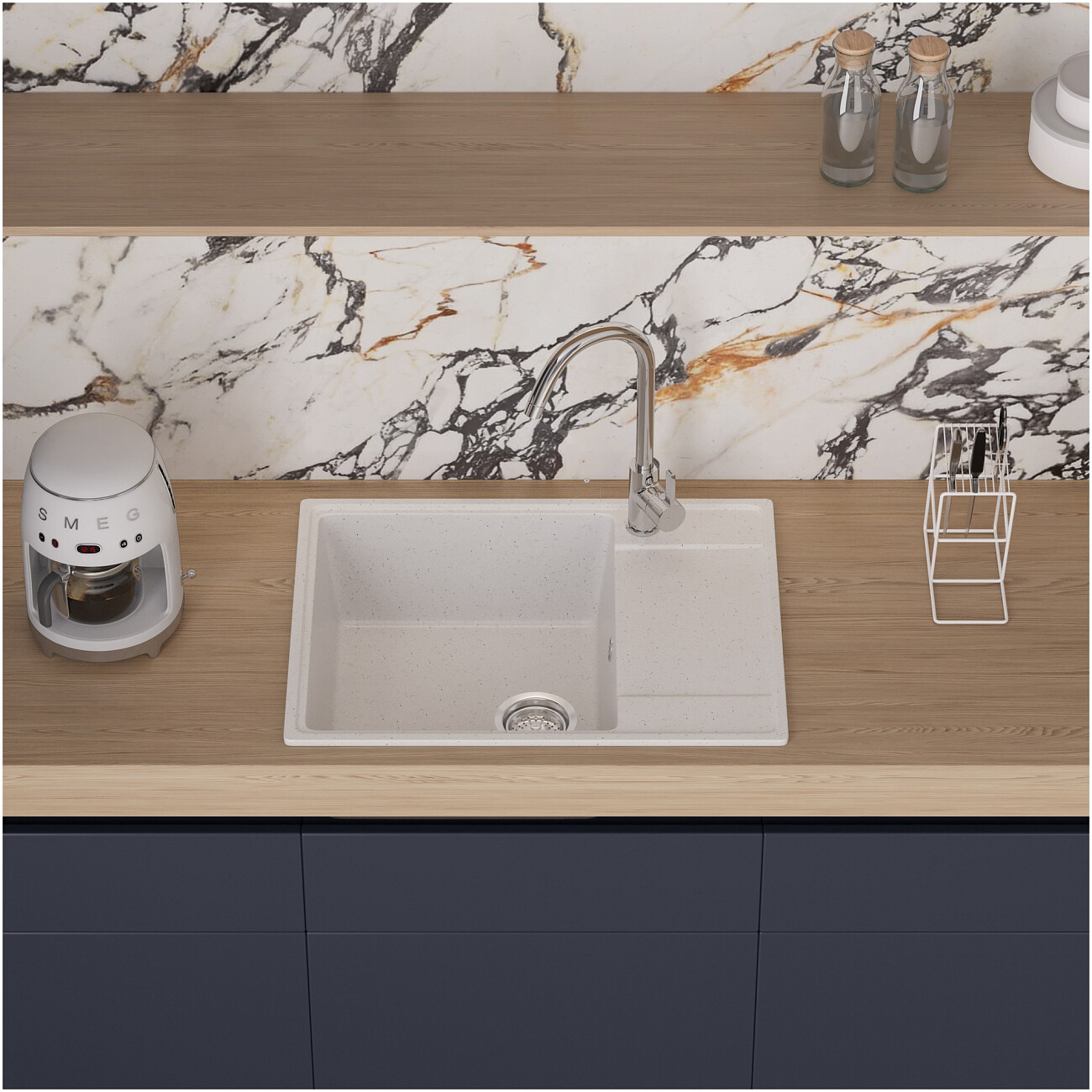 Мойка кухонная из искусственного мрамора с крылом белая Domaci "Палермо" PR-650-001 - изображение 7