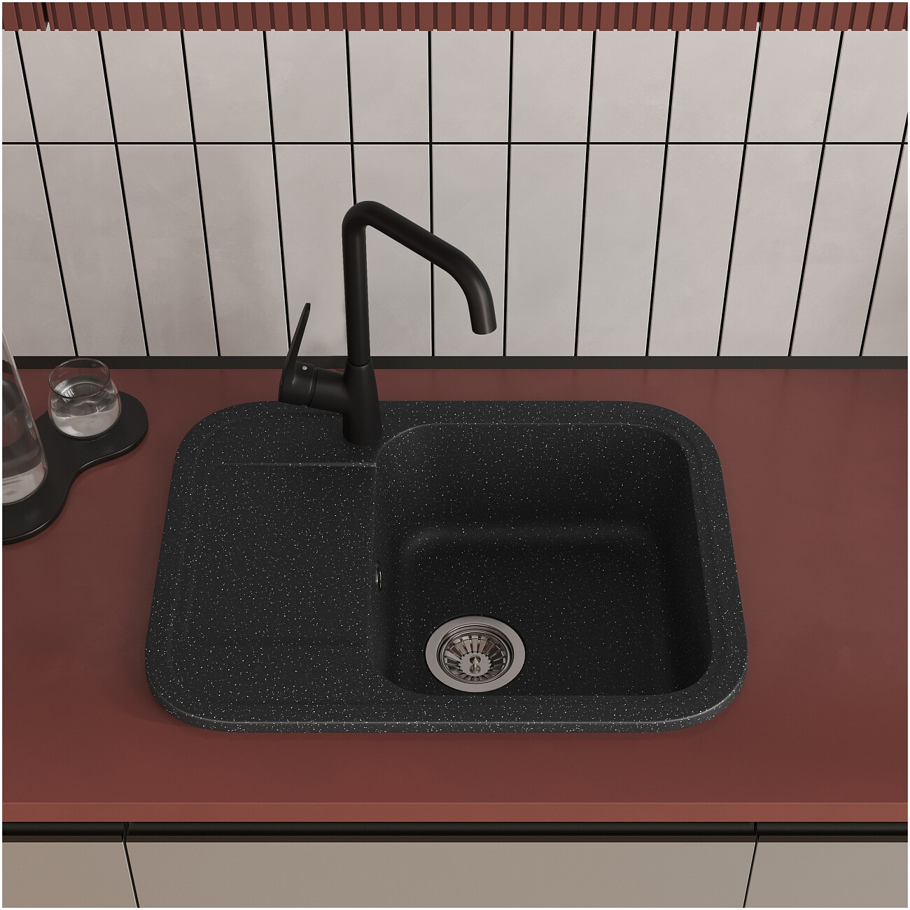 Мойка кухонная из искусственного мрамора прямоугольная 46х60 см черная Domaci "Парма" 61-47-420 - изображение 3