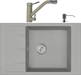 Мойка кухонная 80х50 см серая Domaci &quot;Солерно&quot; EMQ-1780.Q со смесителем EC-3008 и дозатором 401