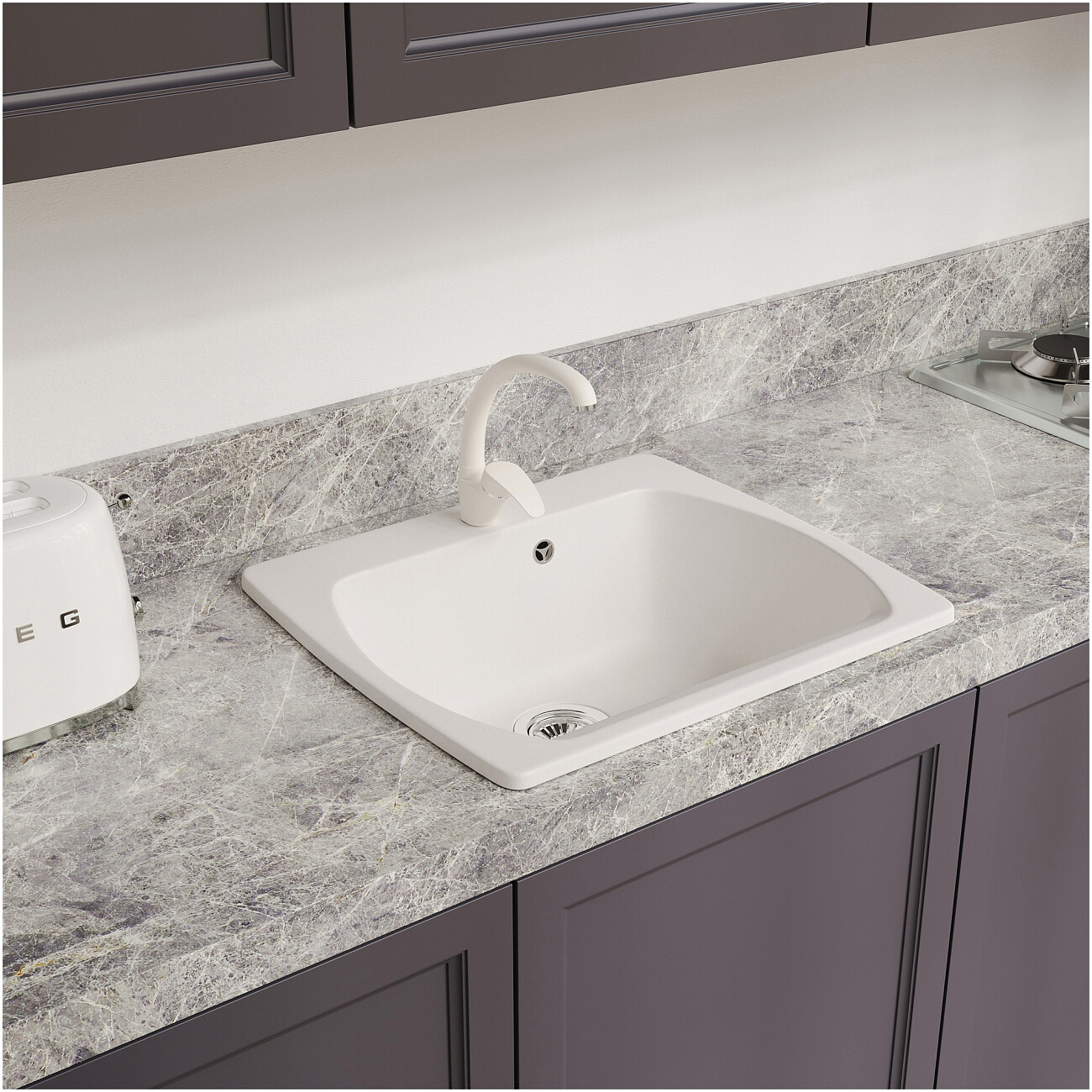 Мойка кухонная из искусственного гранита прямоугольная 53,5х61 см белая Domaci "Верона" 60-53 - изображение 4