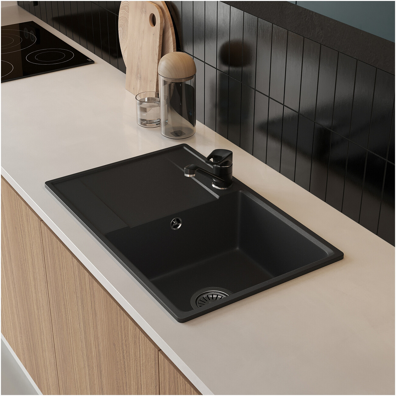 Мойка кухонная из искусственного гранита серая Domaci "Верона" 69-44 черная - изображение 4