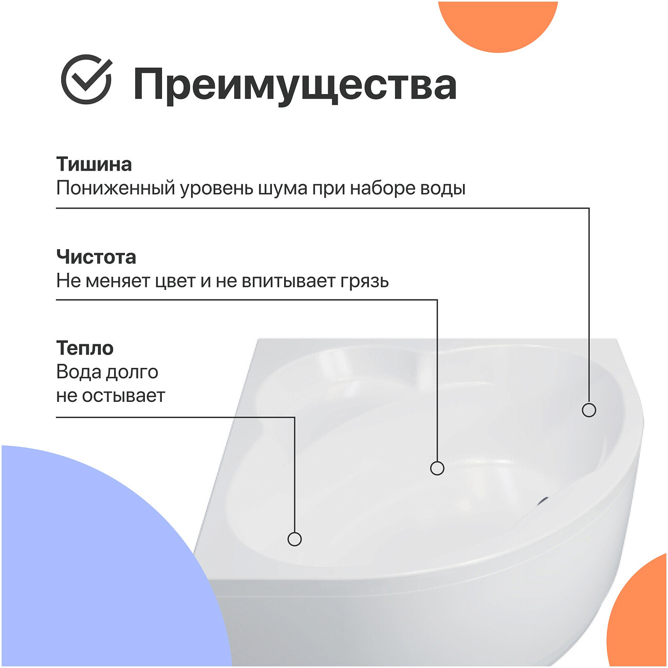 Ванна акриловая 150x150 см с каркасом белая Diwo "Архангельск" Щ0000055216, Щ0000055244 - изображение 6