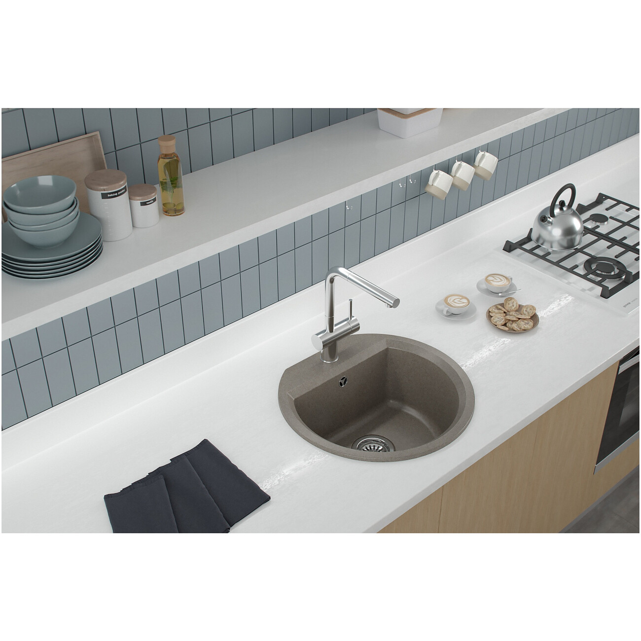 Мойка кухонная кварцевая круглая 48х50 см бежевая Domaci "Римини" DGD 51-435 - изображение 3