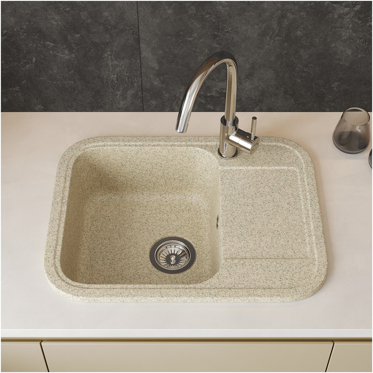 Мойка кухонная из искусственного мрамора прямоугольная 46х60 см песочная Domaci "Парма" 61-47-300 - изображение 3