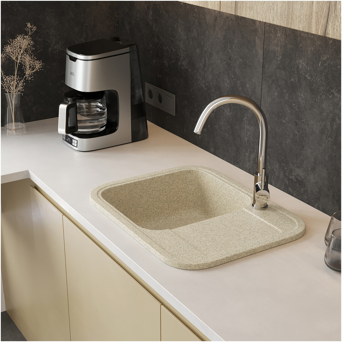 Мойка кухонная из искусственного мрамора прямоугольная 46х60 см песочная Domaci "Парма" 61-47-300 - изображение 4