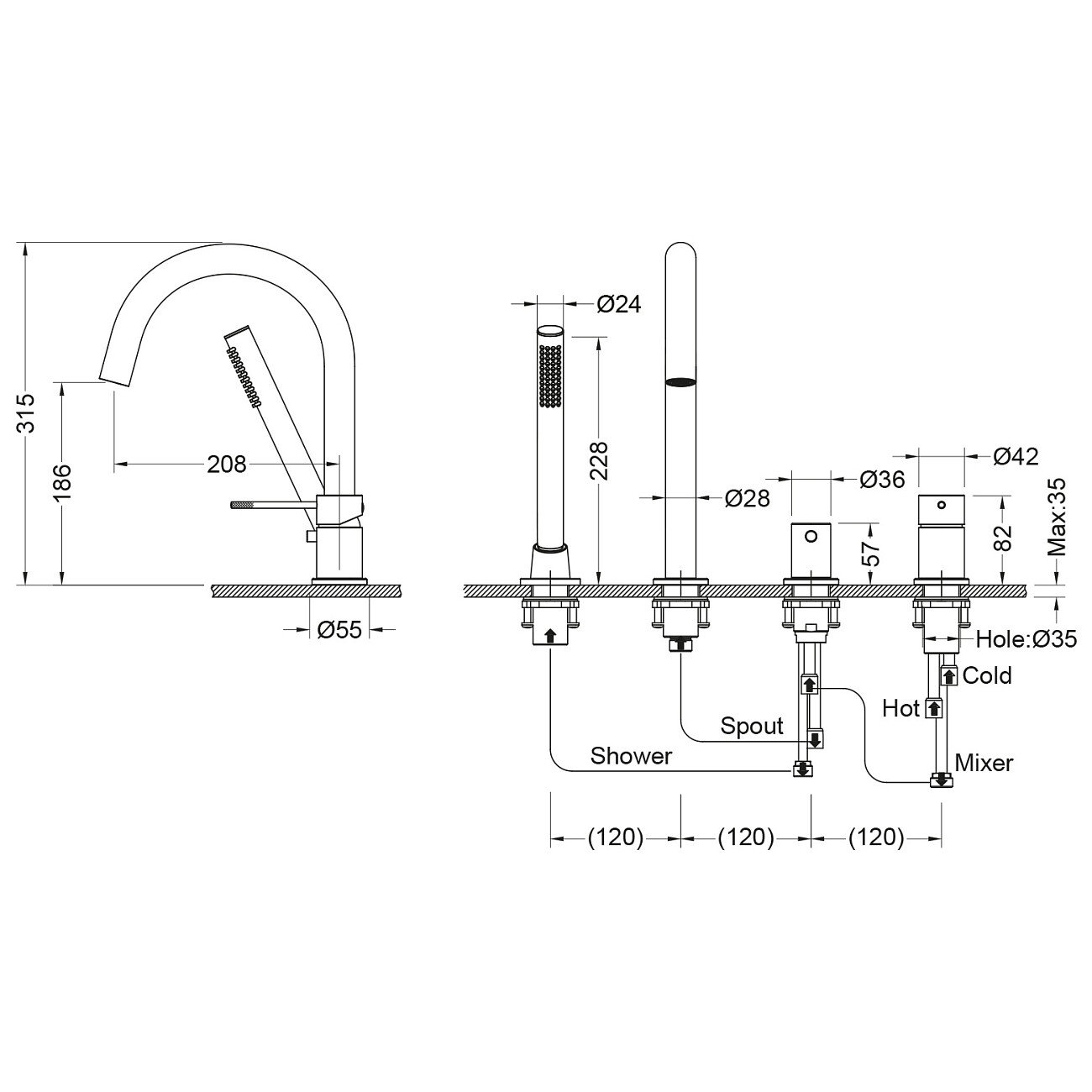 Смеситель на борт ванны однорычажный с душевым гарнитуром белый Timo Saona 2320-16Y - изображение 4