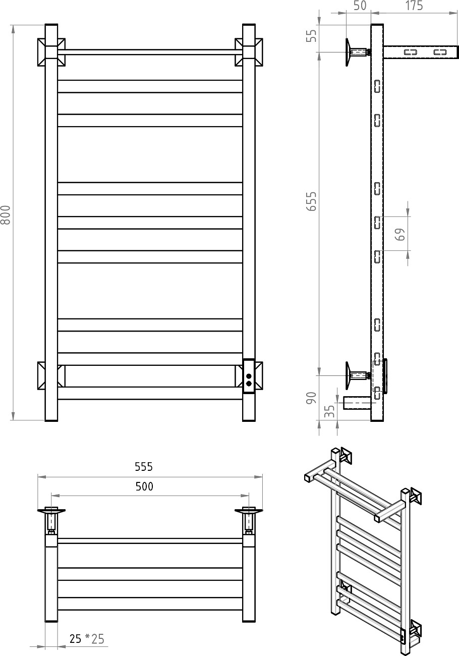 Полотенцесушитель электрический 80х50 см черный Ewrika "Пенелопа КВ" - изображение 2