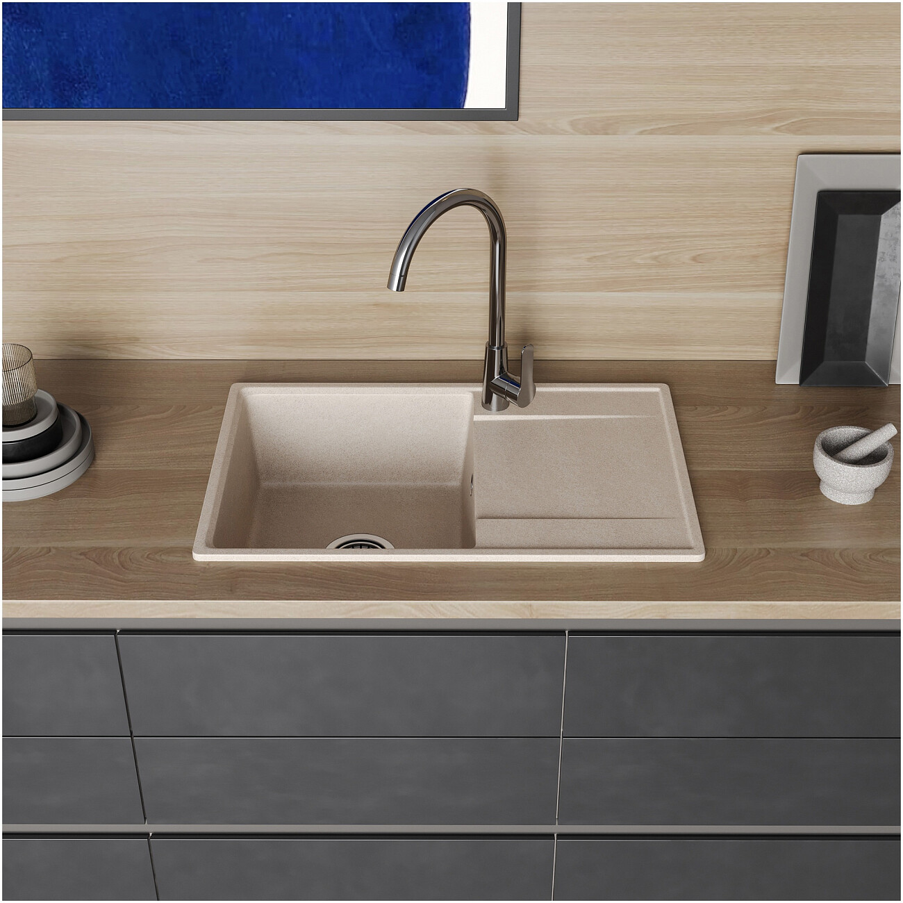 Мойка кухонная из искусственного гранита бежевая Domaci "Верона" 69-44 бежевая - изображение 3