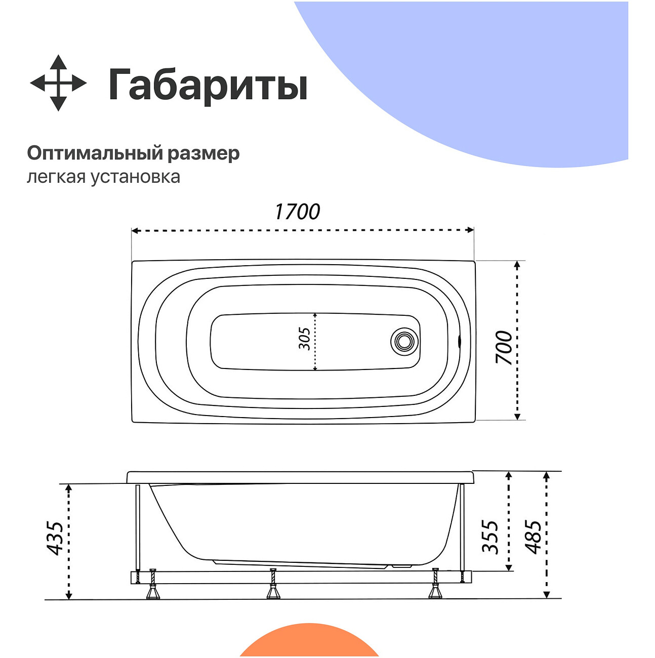 Ванна акриловая 170x70 см белая Diwo "Анапа" Щ0000055220, Щ0000048583 - изображение 7