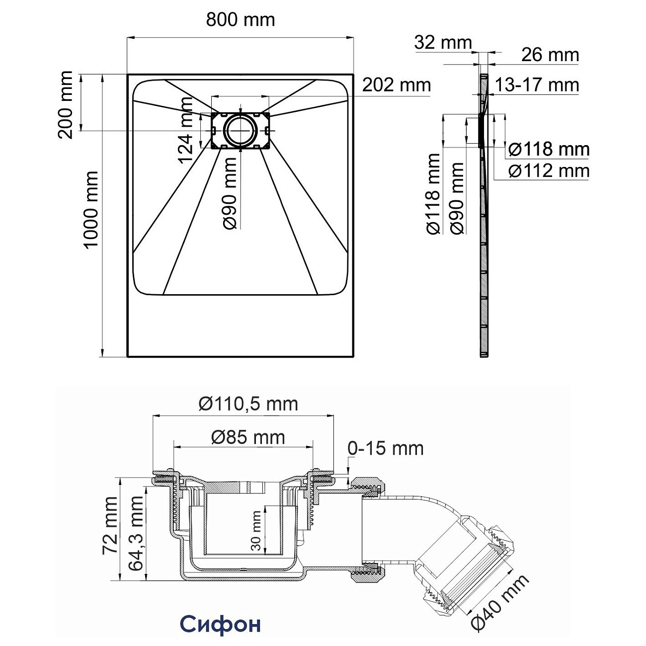 Душевой поддон 100х80 см серый Wasserkraft Elbe 74T17 9071282 - изображение 2