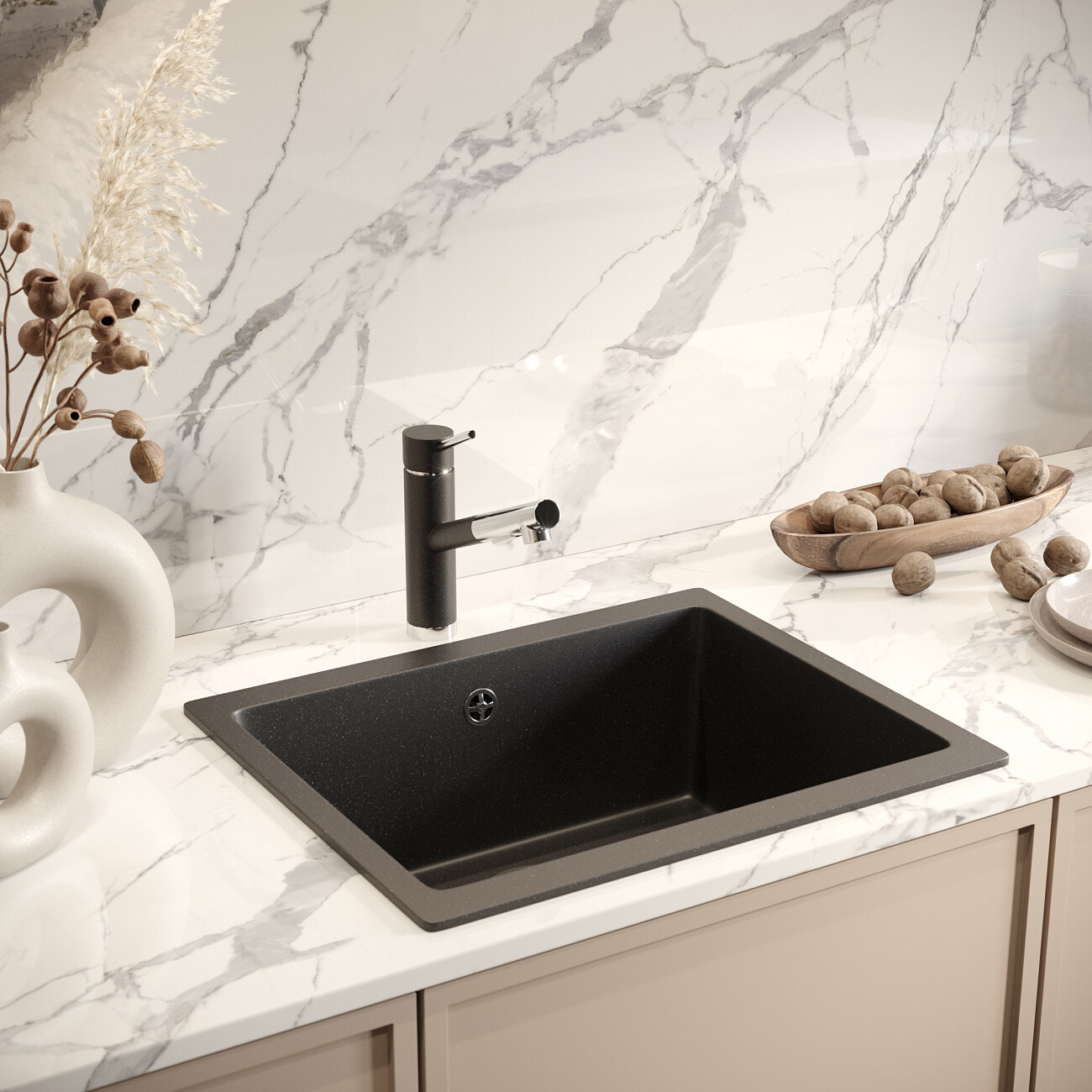 Мойка кухонная прямоугольная кварцевая морион, черная Domaci "Солерно" DMQ-1555.Р - изображение 3