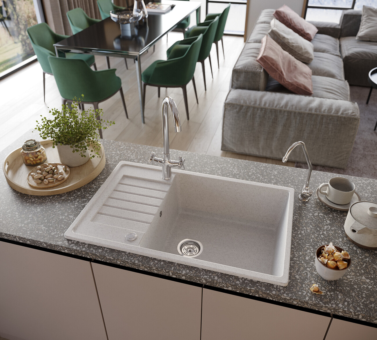 Мойка кухонная прямоугольная мраморная белая Domaci "Бьелла" DMC-78L-331 - изображение 3