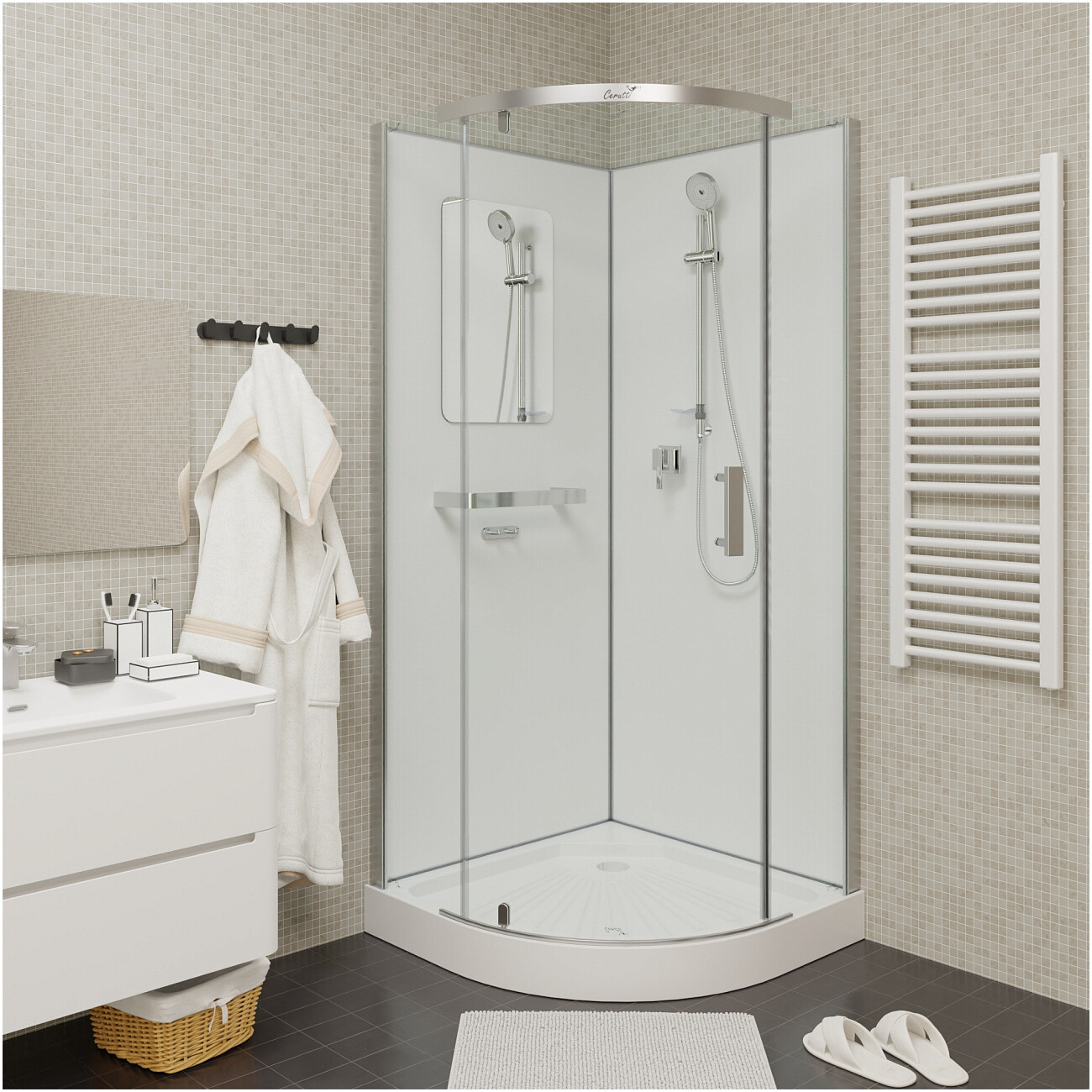 Душевая кабина четверть круга с низким поддоном 90х90 см хром, белая Cerutti SPA Korra 90T - изображение 9