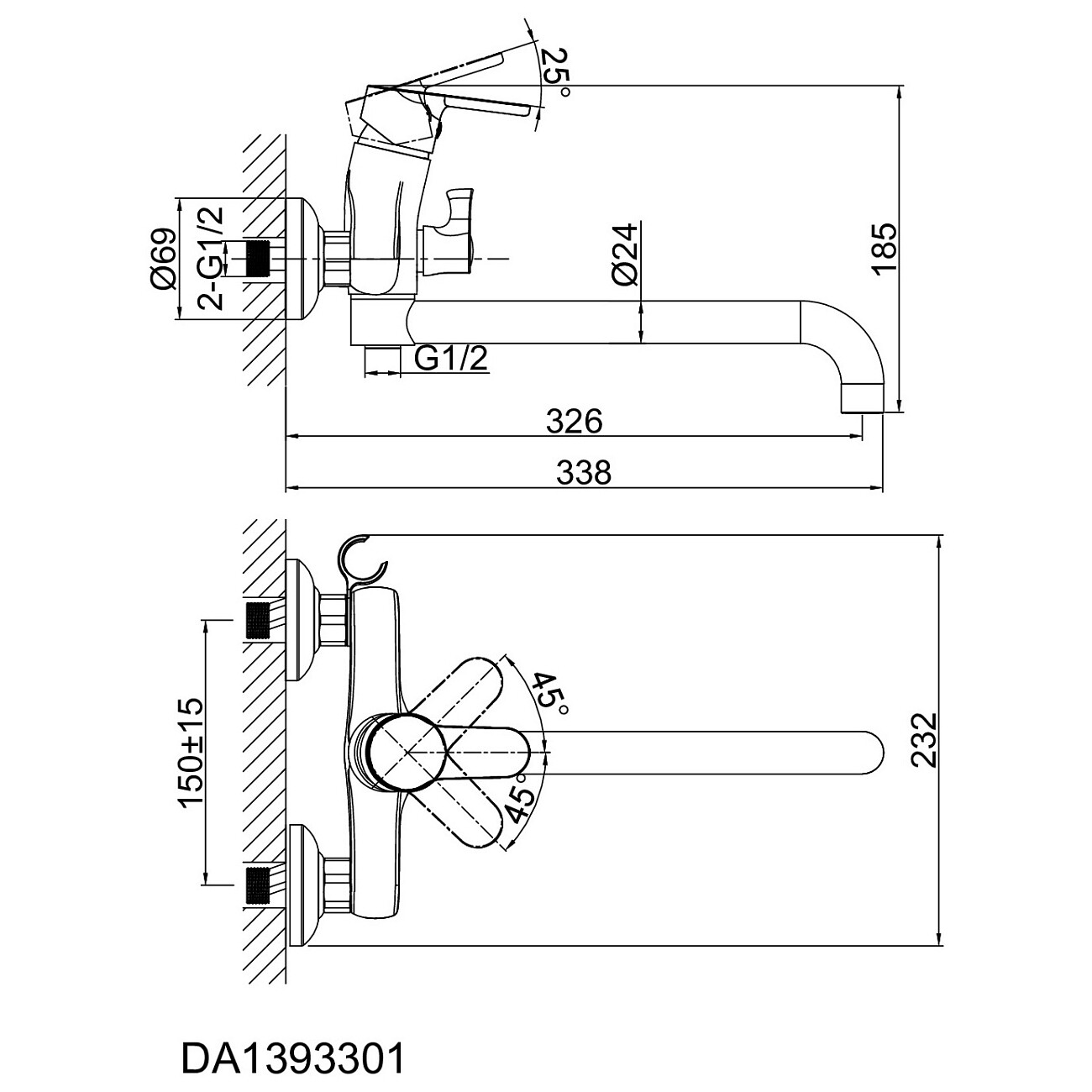 Смеситель для ванны однорычажный с душевым гарнитуром хром D&K Rhein Marx DA1393301 - изображение 2