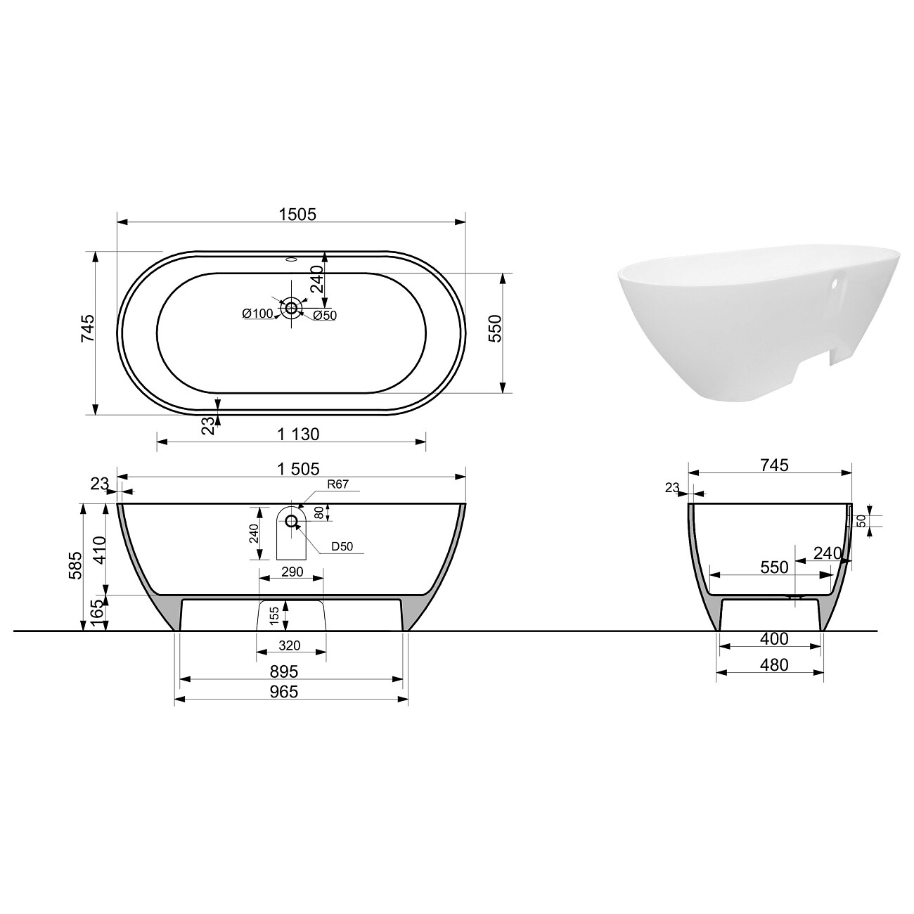 Ванна из искусственного камня 150x75 см белая Stworki "Берген" ФР-00017391 - изображение 5