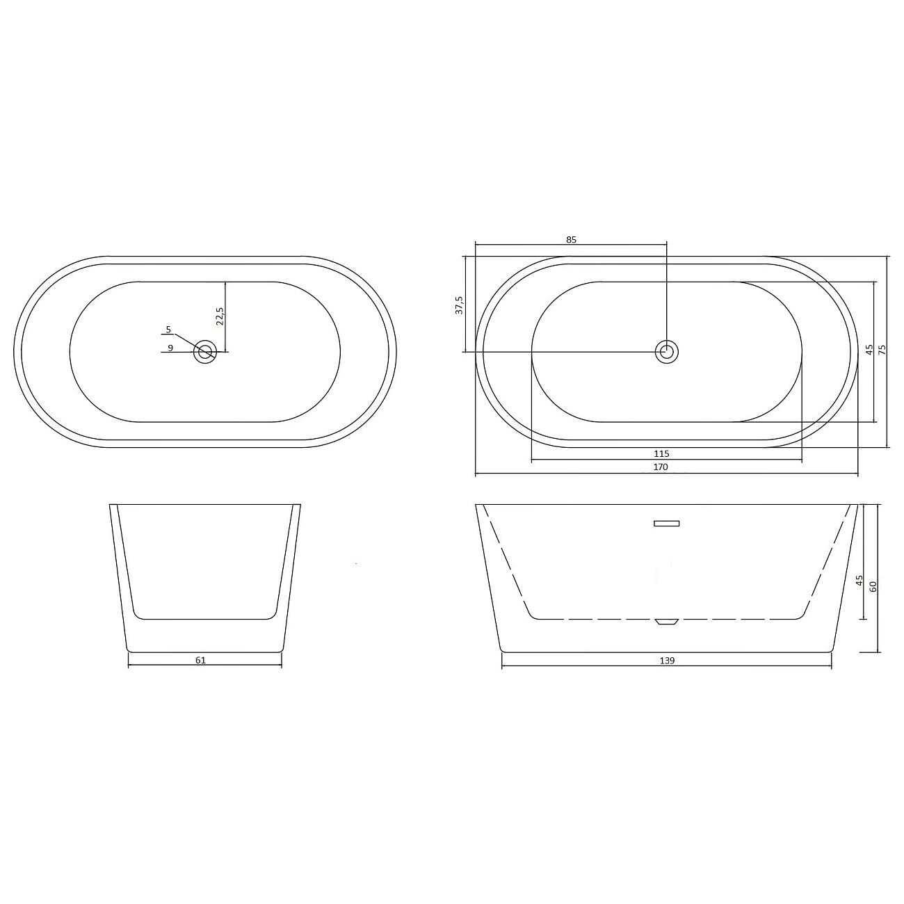 Ванна акриловая овальная 75х170 см белая Cerutti SPA RESIA170II CT10519 - изображение 4