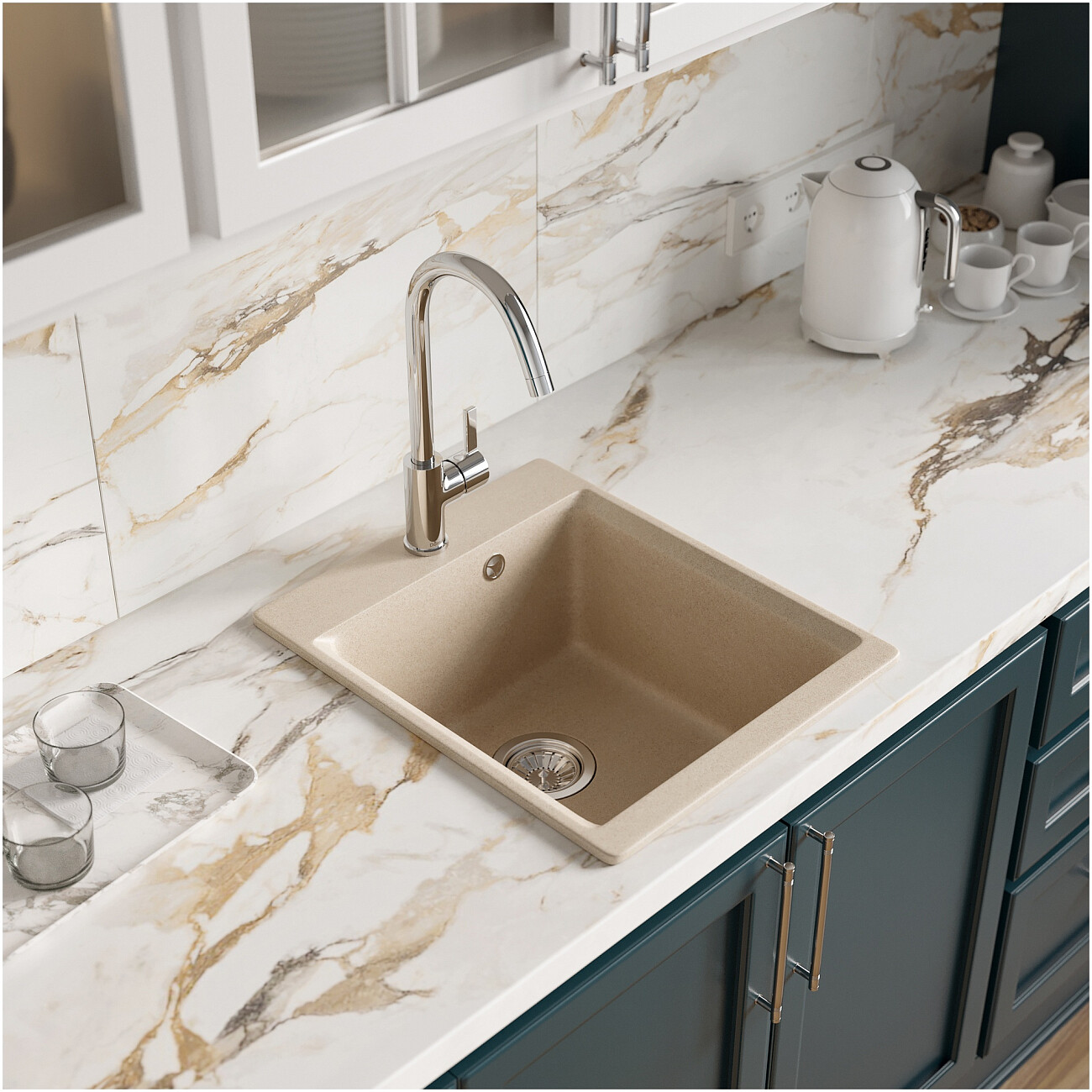 Мойка кухонная из искусственного гранита прямоугольная бежевая Domaci "Верона" 51-42 бежевая - изображение 4