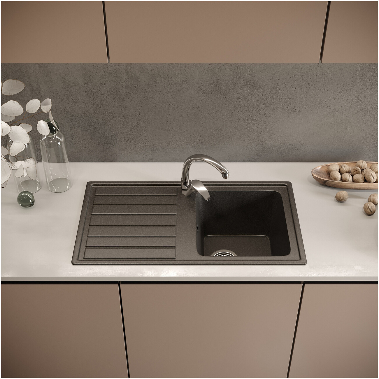 Мойка кухонная из искусственного мрамора прямоугольная 43х77 см антрацит Domaci "Бьелла" DMC-20-343 - изображение 3