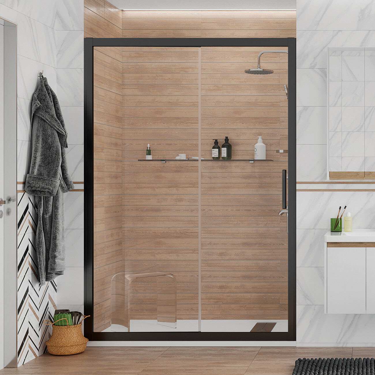 Душевая дверь в нишу раздвижная 160 см прозрачная, черный матовый Stworki "Стокгольм" - изображение 2