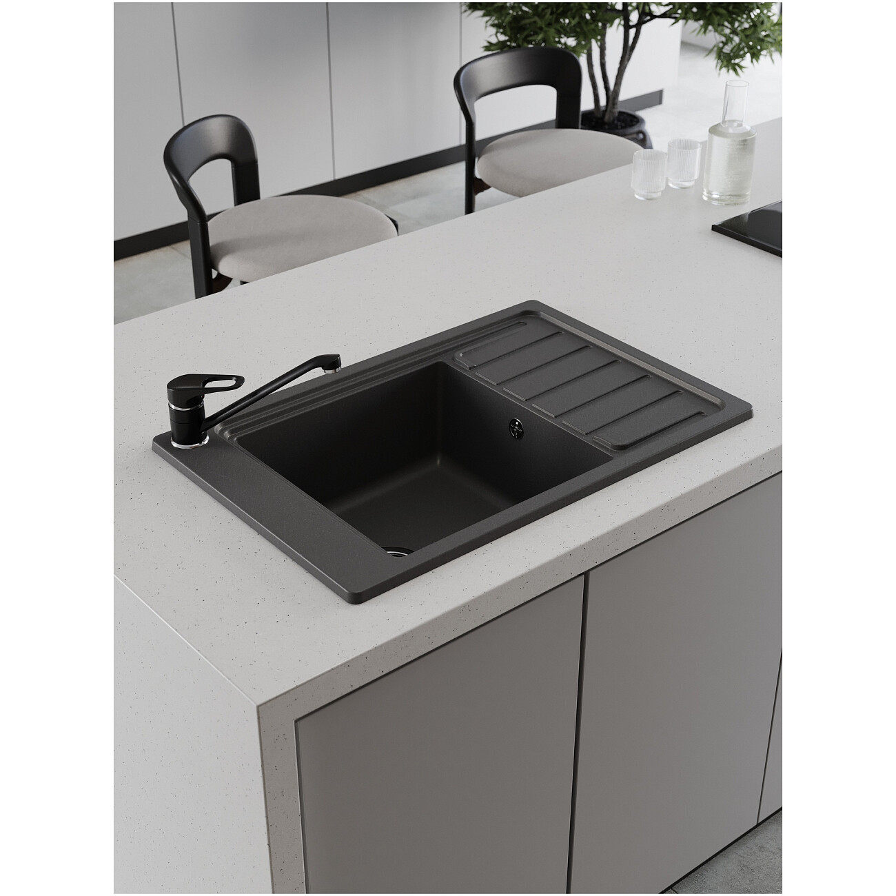 Мойка кухонная кварцевая прямоугольная 51х77 см серая Domaci "Римини" DG U-503 - изображение 3