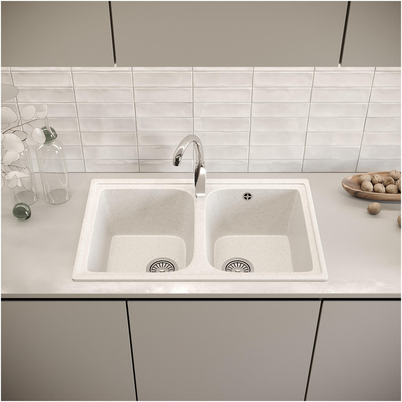 Мойка кухонная двойная из искусственного мрамора 49,5х78,5 см белая Domaci "Бьелла" DMC-15 - изображение 3