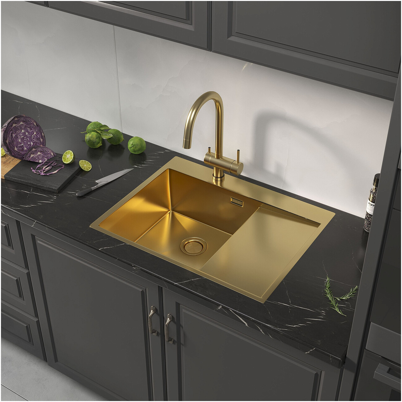 Кухонная мойка из нержавеющей стали 50х65 см брашированное золото Reflexion Maggiore RX2365GD - изображение 6