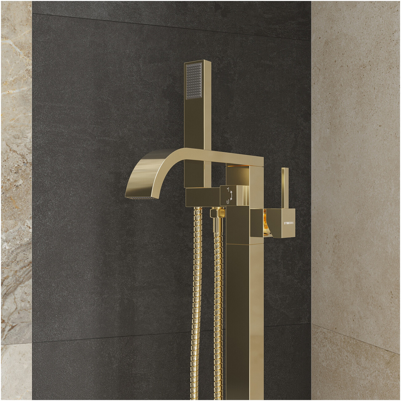 Смеситель напольный для ванны с душем золотой Stworki "Эстерсунд" S31080GG - изображение 4