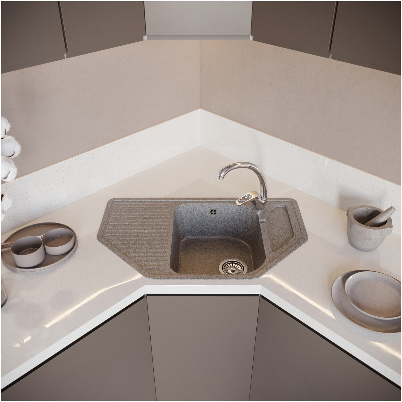 Мойка кухонная из искусственного мрамора многоугольная серая Domaci "Бьелла" DMC-10 - изображение 4