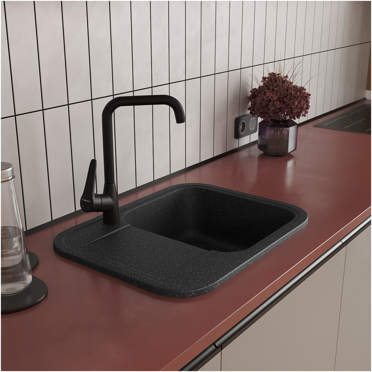 Мойка кухонная из искусственного мрамора прямоугольная 46х60 см черная Domaci "Парма" 61-47-420 - изображение 4