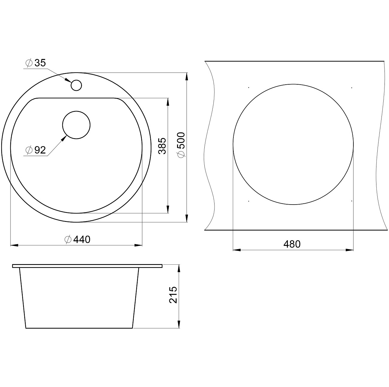 Кухонная мойка круглая кварцевая черный металлик Granula GR-5101 шварц - изображение 3