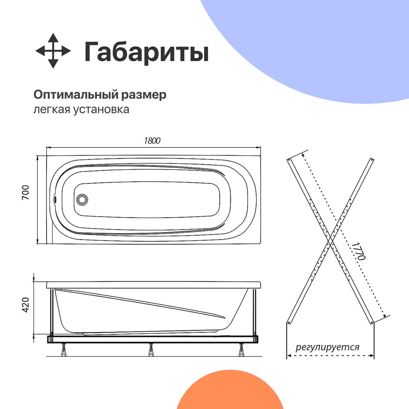 Акриловая ванна с каркасом 180x70 см белая Diwo "Кострома" Щ0000046592, Щ0000048582 - изображение 7
