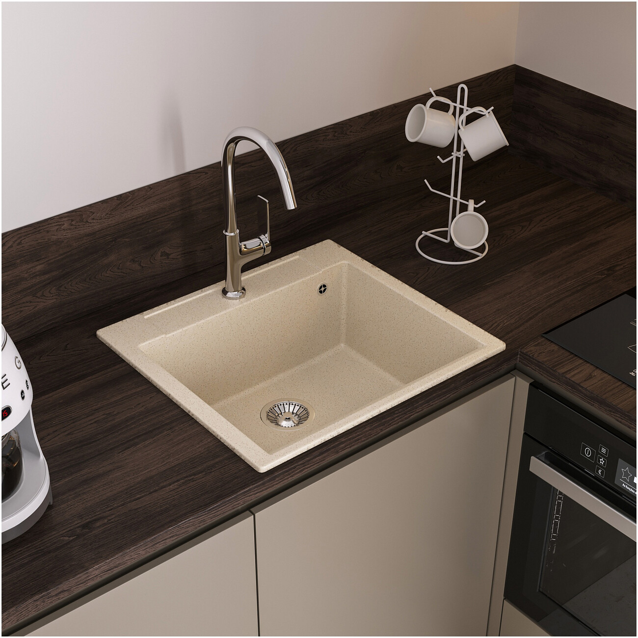 Мойка кухонная из искусственного мрамора прямоугольная 51х56 см кремовая Domaci "Савона" PA 560 - изображение 3