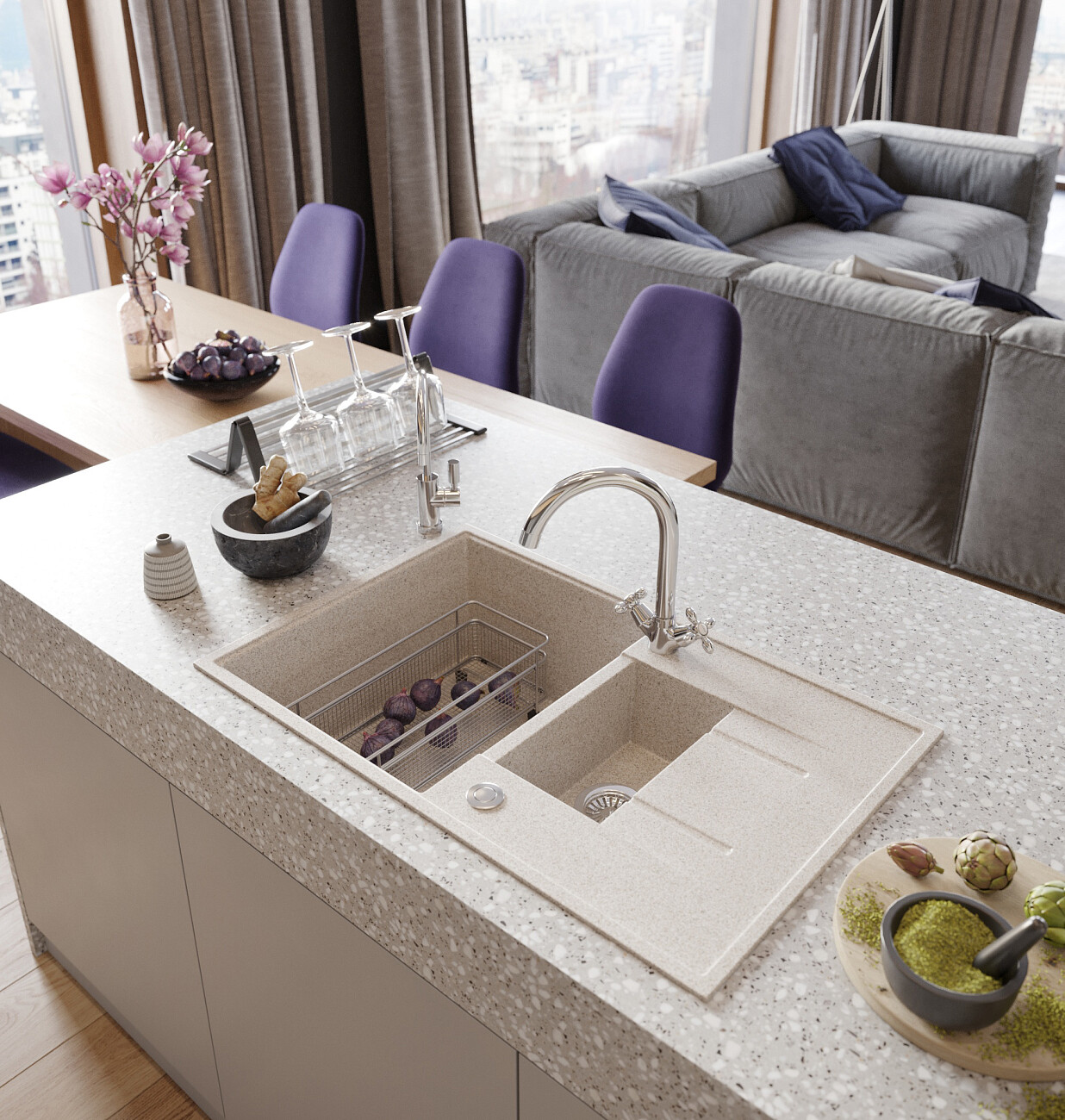 Мойка кухонная с дополнительной чашей бежевая Domaci "Бьелла" DMC-21K бежевая - изображение 4