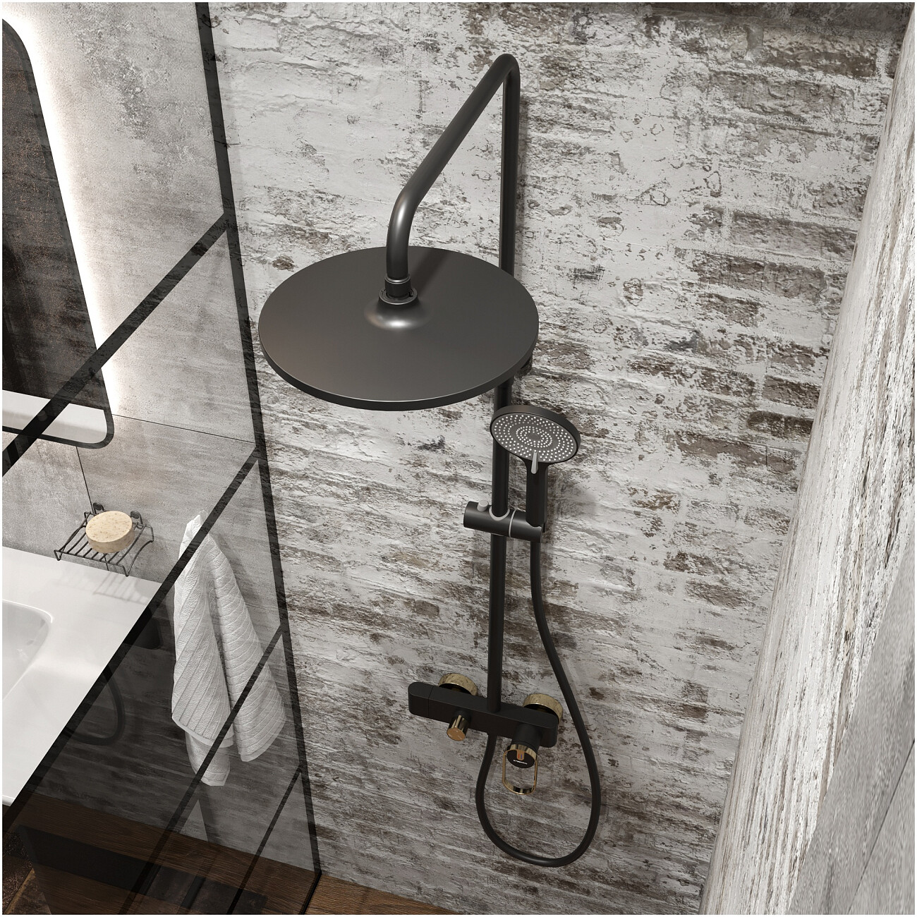 Душевая стойка с верхним душем черная, золотая Stworki "Малунг" S11170BG - изображение 9