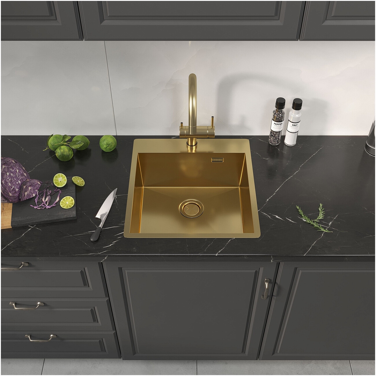 Кухонная мойка из нержавеющей стали 50х46 см брашированное золото Reflexion Iseo RX2246GD - изображение 7