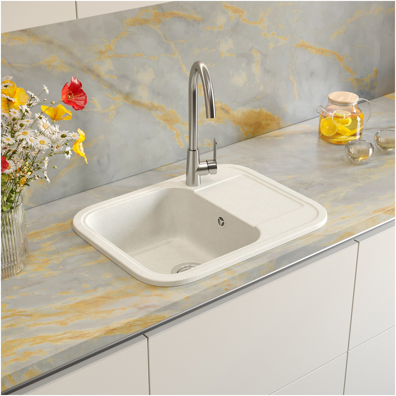 Мойка кухонная из искусственного мрамора прямоугольная белая Domaci "Парма" 61-47-200 - изображение 4