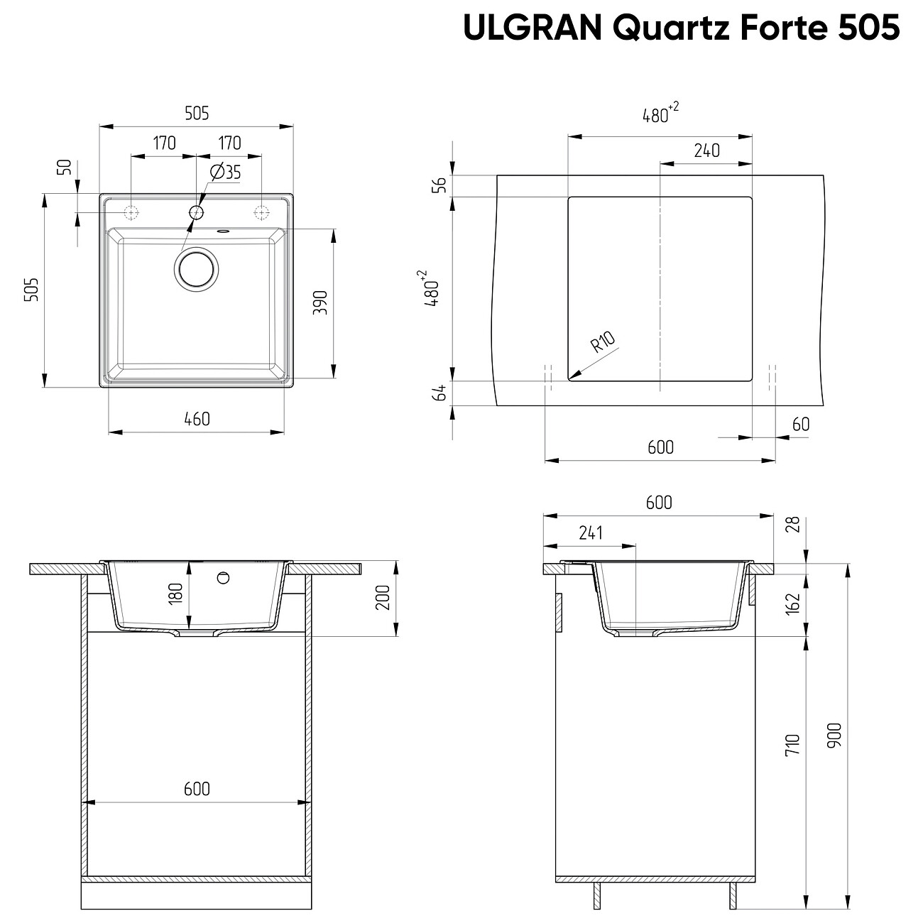 Мойка кухонная квадратная 51 см уголь Ulgran Quartz Forte 505-07 - изображение 3