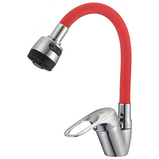Смеситель для кухни с гибким силиконовым изливом красный, хром D-Lin D150628-4T