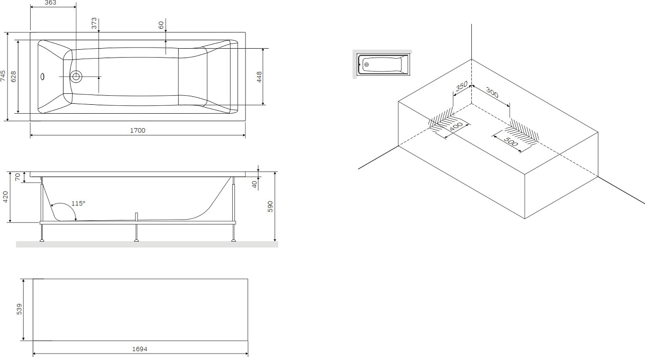Ванна акриловая 170х75 см белая Stworki "Карлстад" HWKAA-170-075W-A, HWKAA-170-075W-R - изображение 3