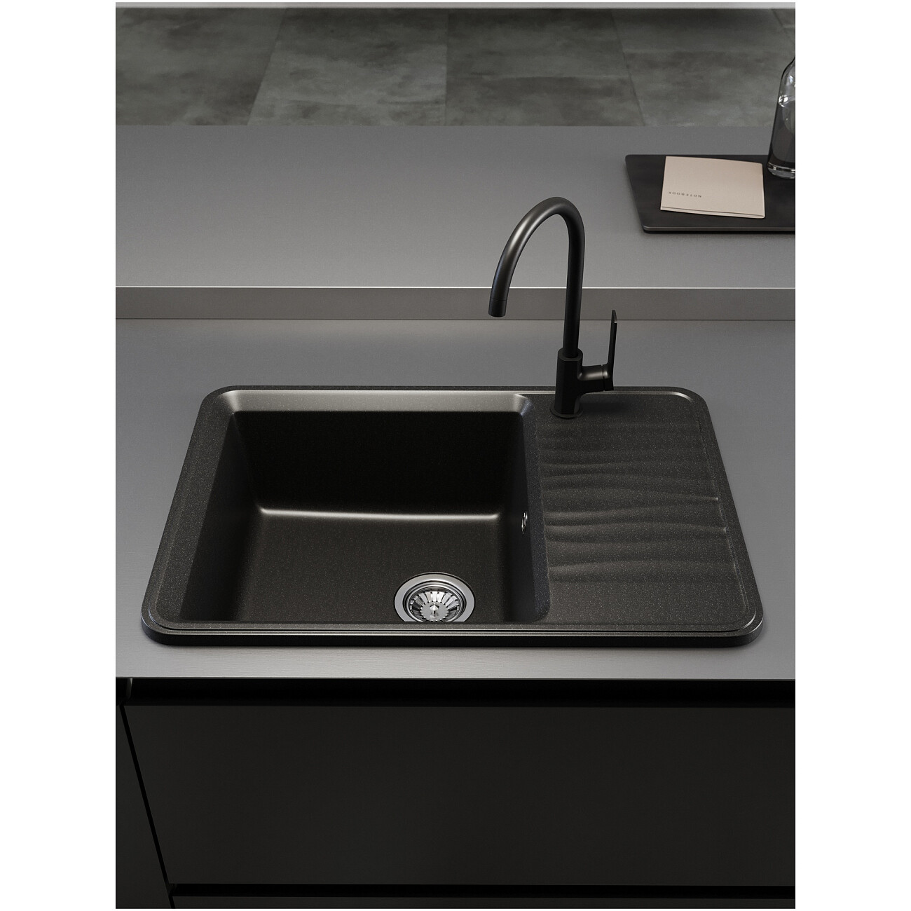 Мойка кухонная кварцевая прямоугольная 51х74 см черная Domaci "Римини" DG R-405 - изображение 3