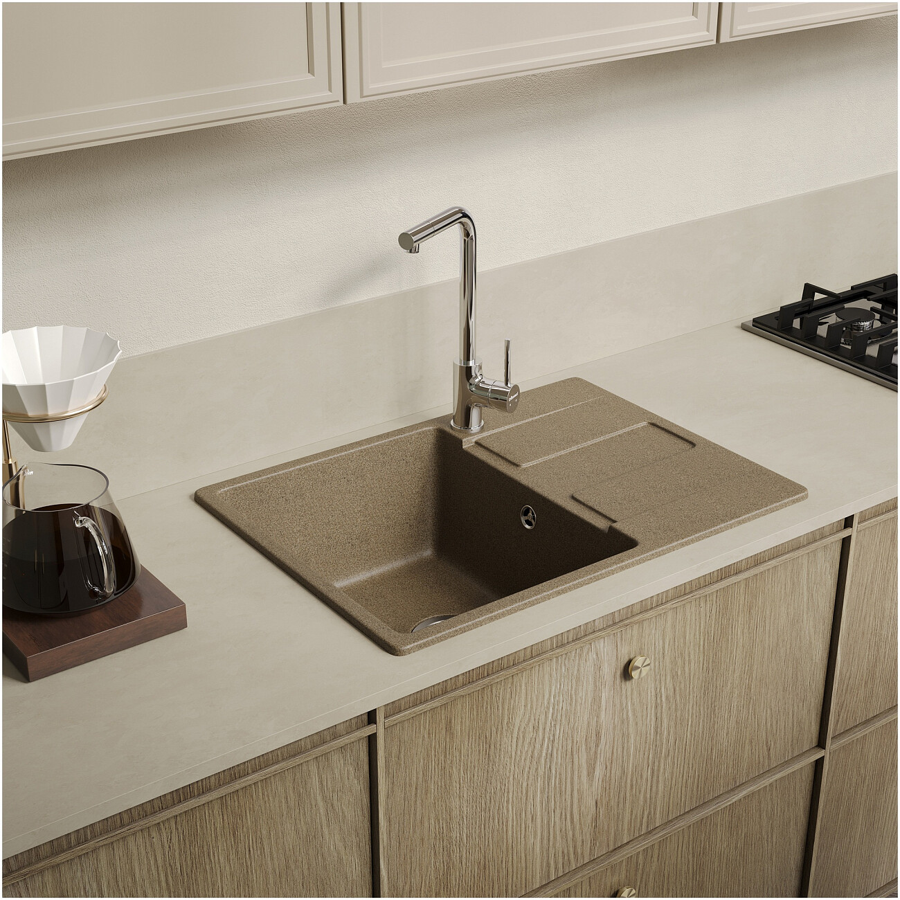 Мойка кухонная из искусственного мрамора прямоугольная 50х69 см бежевая Domaci "Римини" DG В-435 - изображение 9